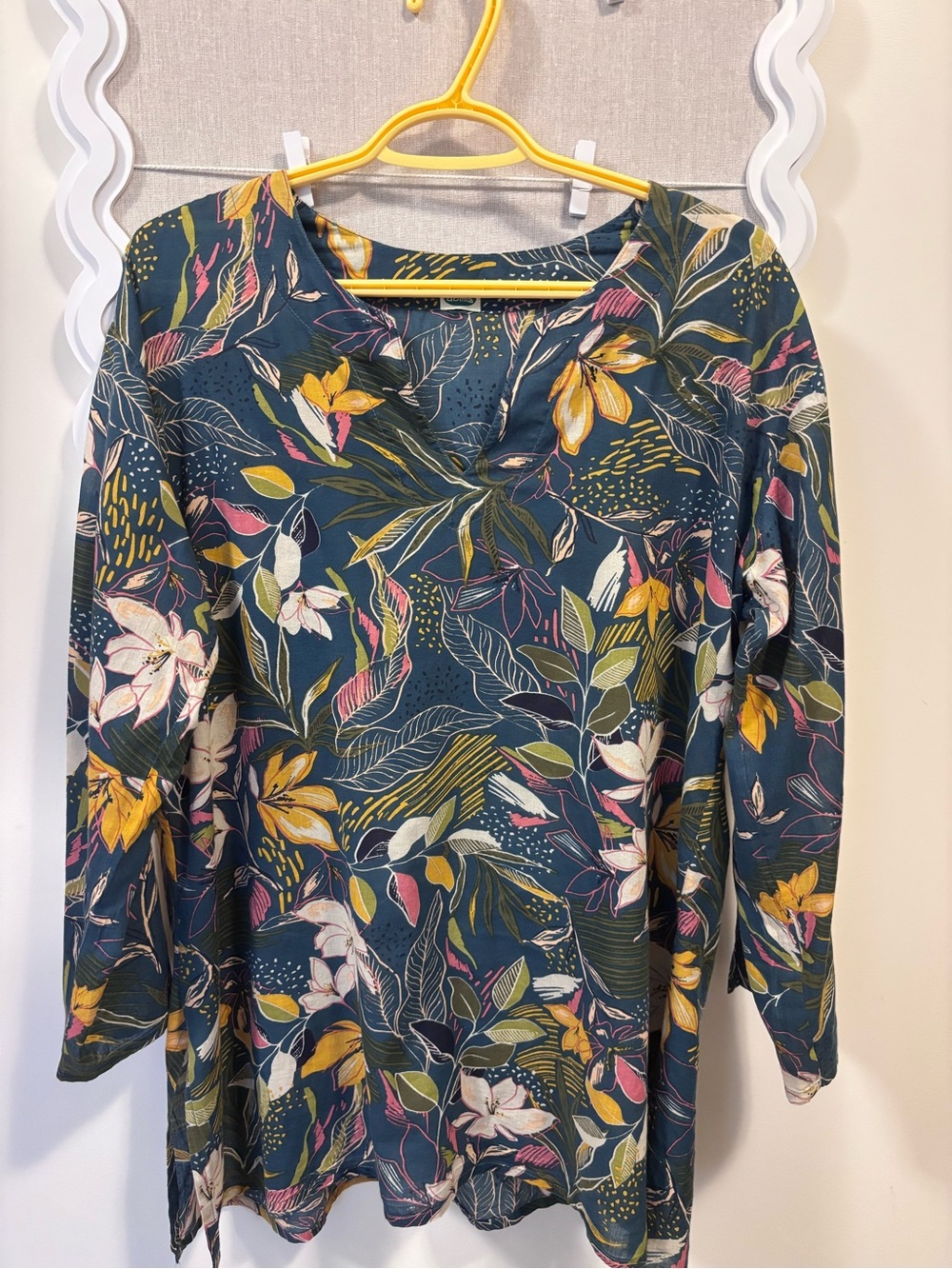 Dolma lightweight 100% cotton tunic teal floral 3/4 sleeves side slits
